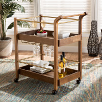 Baxton Studio SR17060104-BrownDark Bronze Baxton Studio Tahir Modern and Contemporary Walnut Brown Finished Wood and Antique Gold Finished Metal 2-Tier Mobile Bar Cart